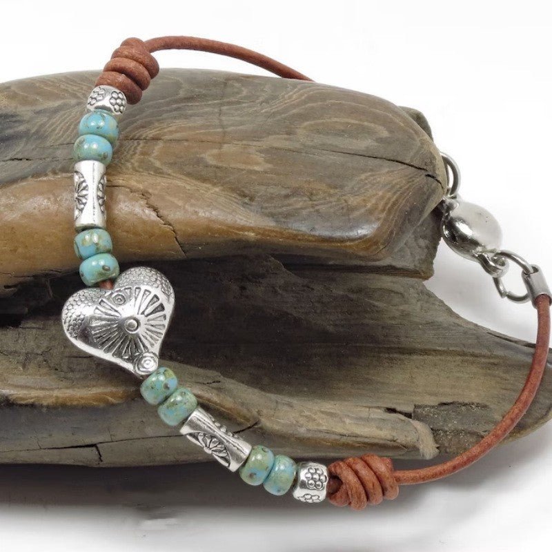 Ethnic-style Turquoise Bead Bracelet With A Loving Heart Design